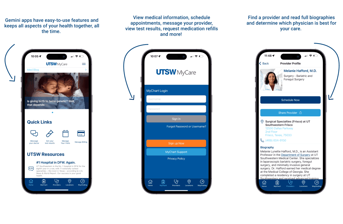 Three smartphones displaying the UTSW MyCare app with health information and provider details.