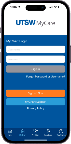 Mobile app login screen for UTSW MyCare with username and password fields.