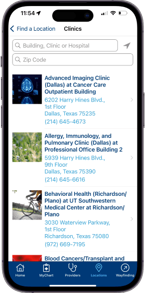 Mobile app displaying clinic locations with addresses and contact numbers.