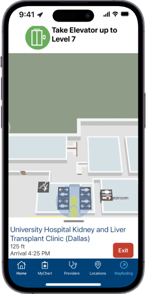 Mobile map app showing directions to University Hospital Kidney and Liver Transplant Clinic with elevator instructions.