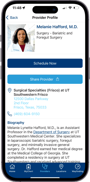 Mobile phone screen displaying a doctor's profile, including name, specialty, contact information, and biography.