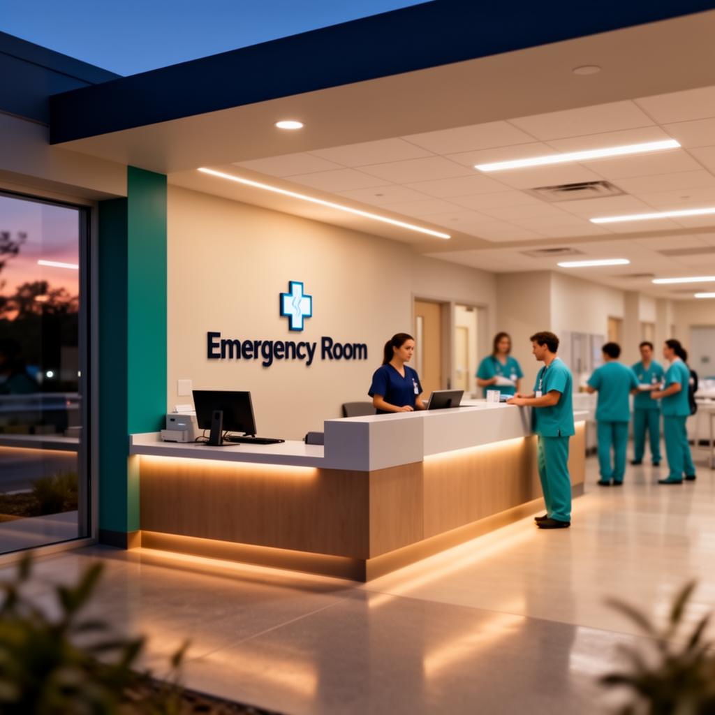 Modern freestanding emergency room reception area at dusk
